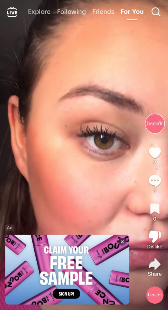 Free Benefit Cosmetics Mascara sample ad on TikTok