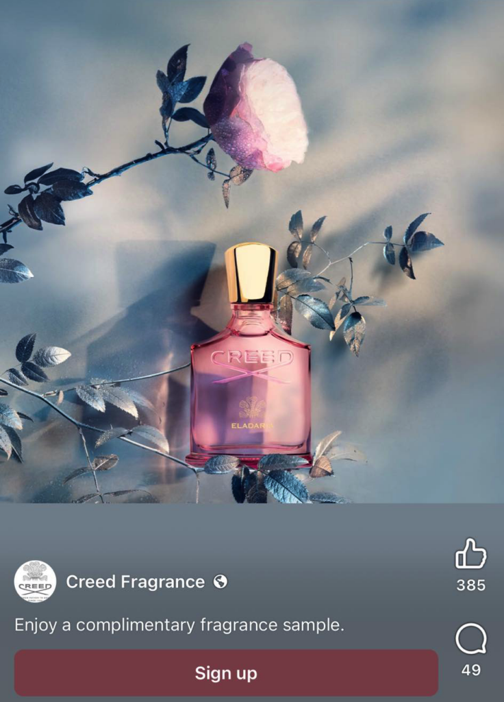Creed Eladaria Fragrance Sample ad on Facebook