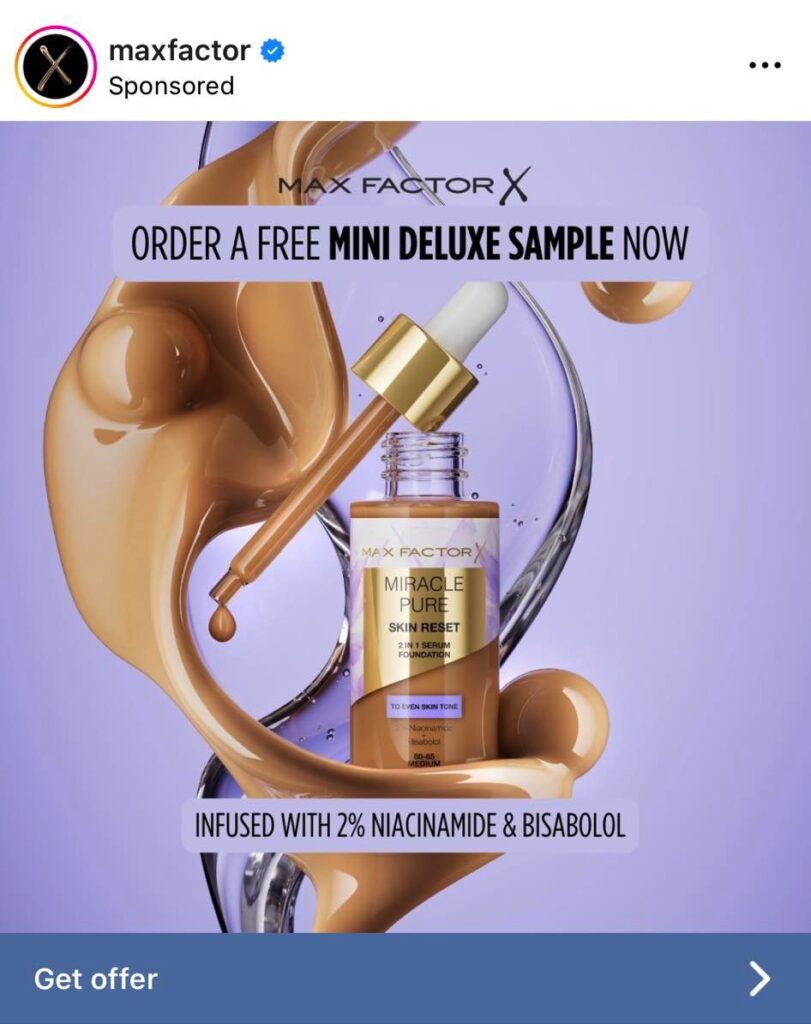 Max Factor Skin Reset Serum Foundation Sample ad on instagram