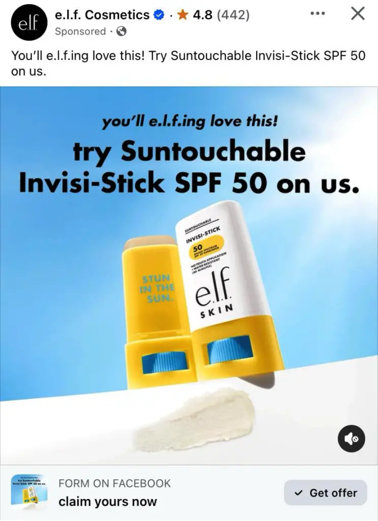 e.l.f. Suntouchable Invisi-Stick SPF 50 Sample ad on Facebook