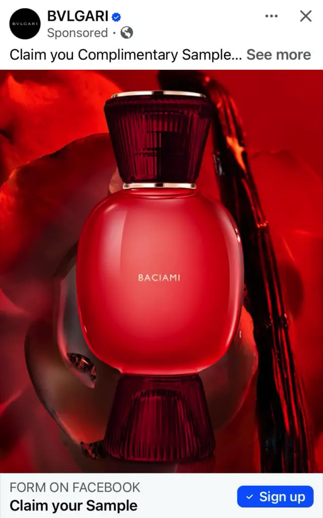 Bulgari Allegra Baciami perfume sample ad on facebook