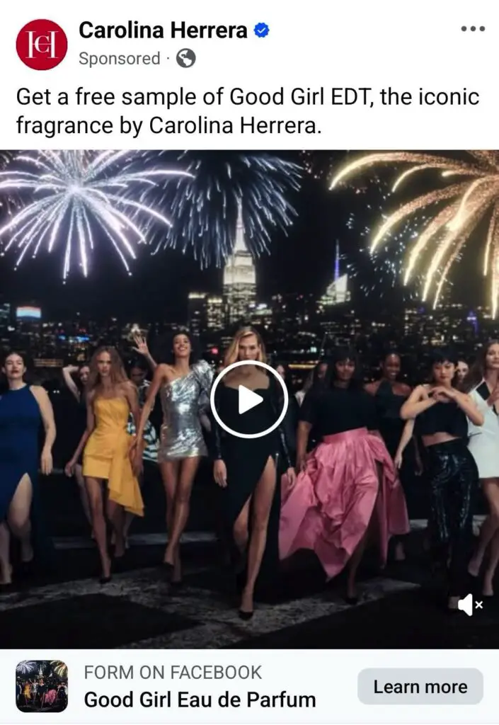 Carolina Herrera Good Girl Eau de parfum Sample ad on Facebook