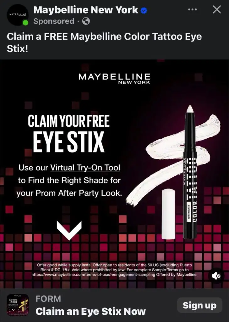 Maybelline Eye Shadow Stix Sample ad on Facebook