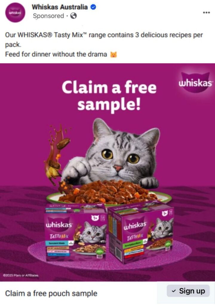 Whiskas Tasty Mix Samples ad on Facebook Australia