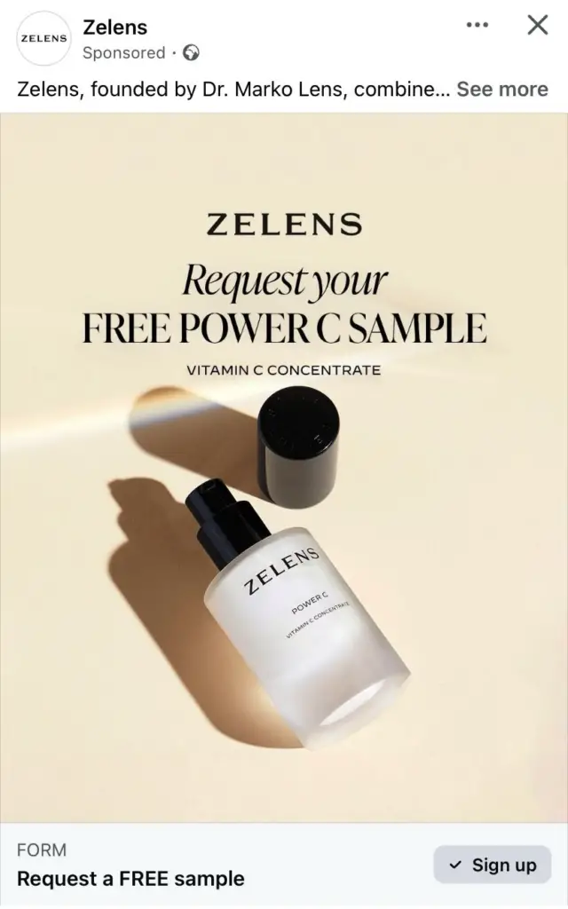 Zelens Vitamin C Concentrate Sample ad on facebook