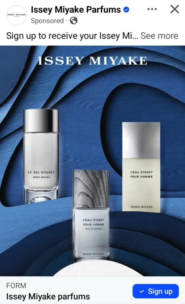 Issey Miyake Perfume sample ad on Facebook
