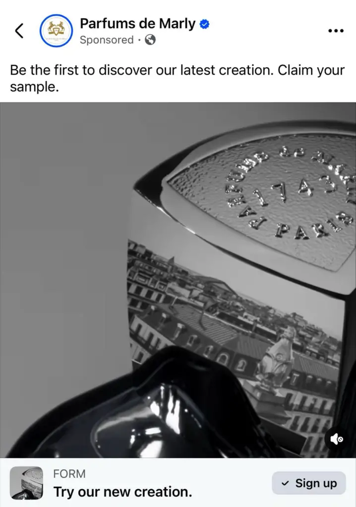 Parfums de Marly Valaya Fragrance Sample ad on Facebook