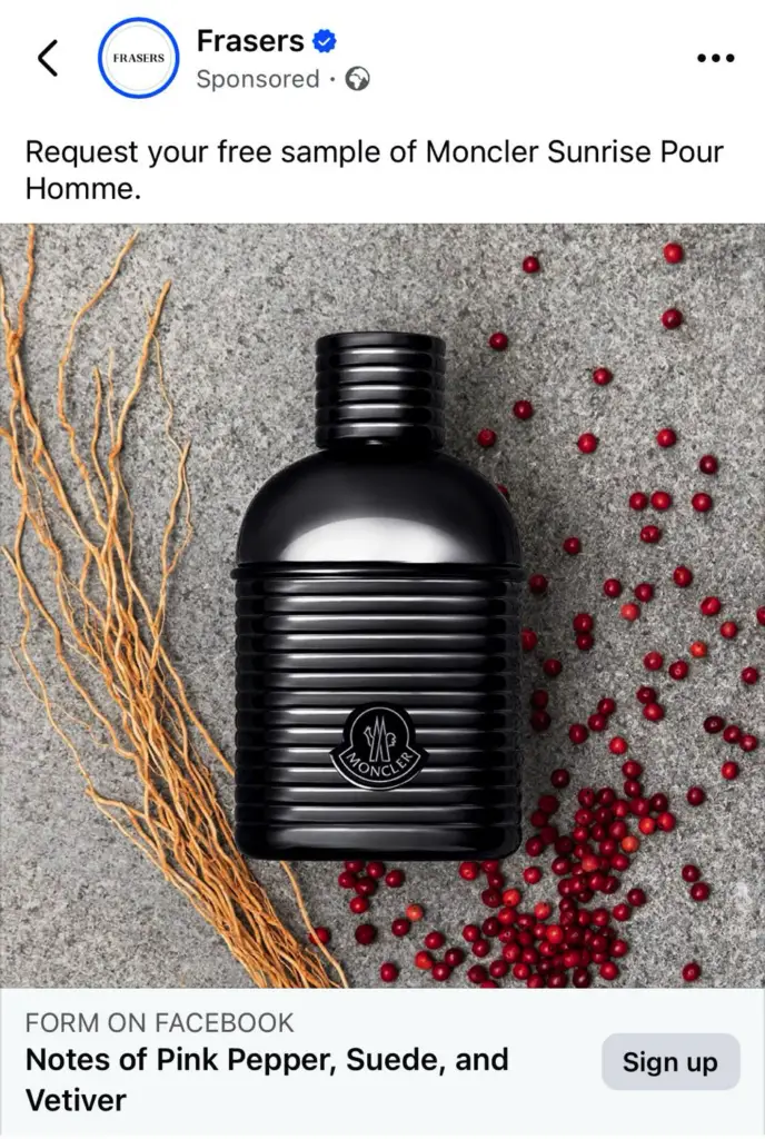 Moncler Sunrise Pour Homme Sample ad on Facebook