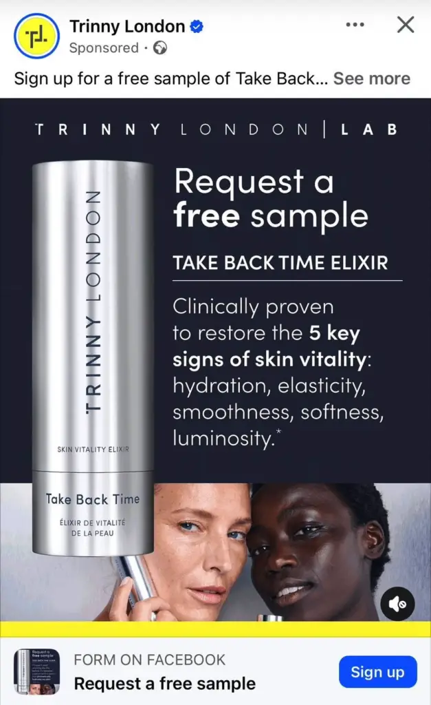 Trinny London Take Back Time Elixir Sample ad on facebook
